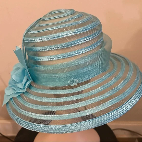Blue Organza and straw hat flower accent perfect for derby, church, wedding - Picture 3 of 6